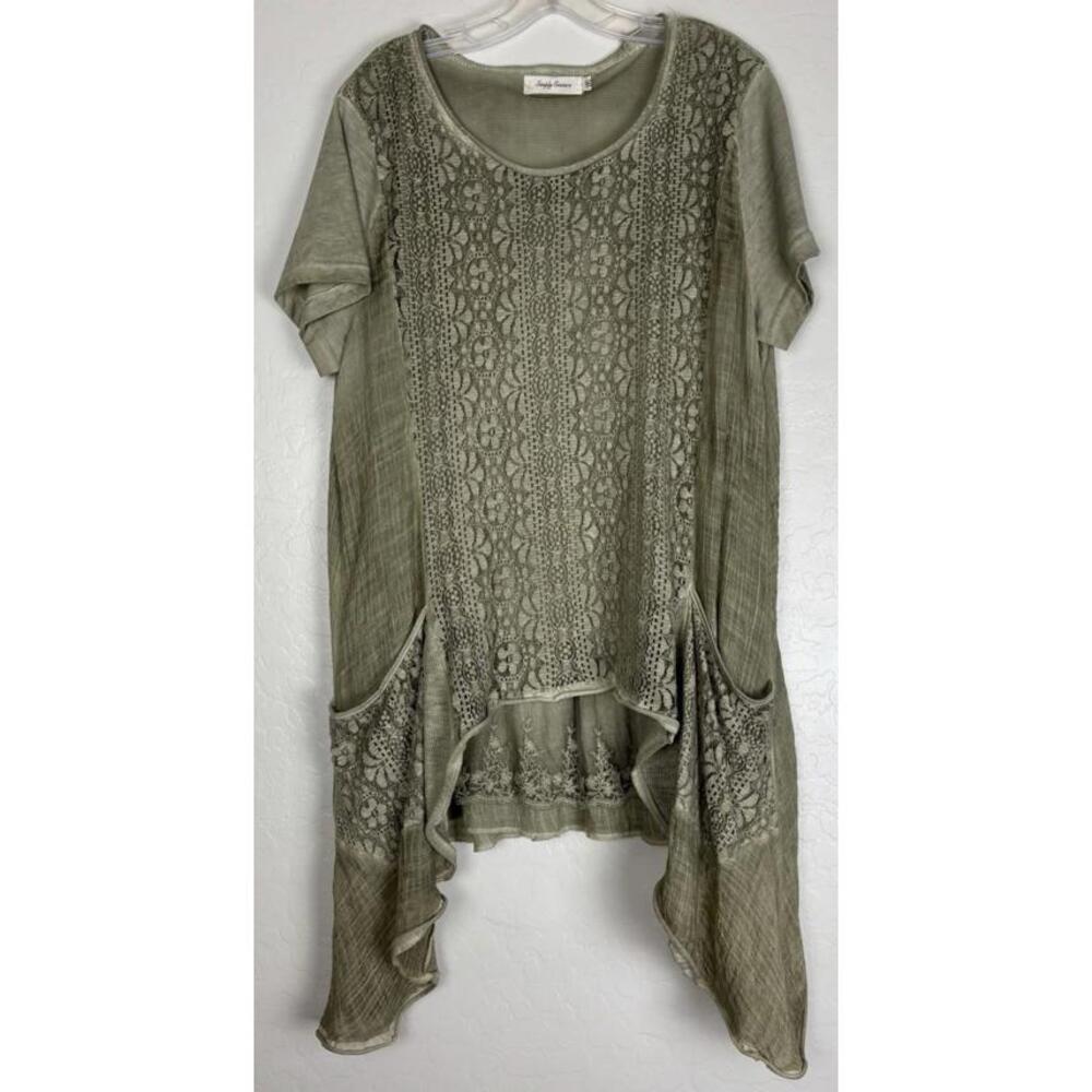 Simply Couture Lace Mixed Media Fairy Lagenlook Tunic 1XL‎ Green Pockets 1794